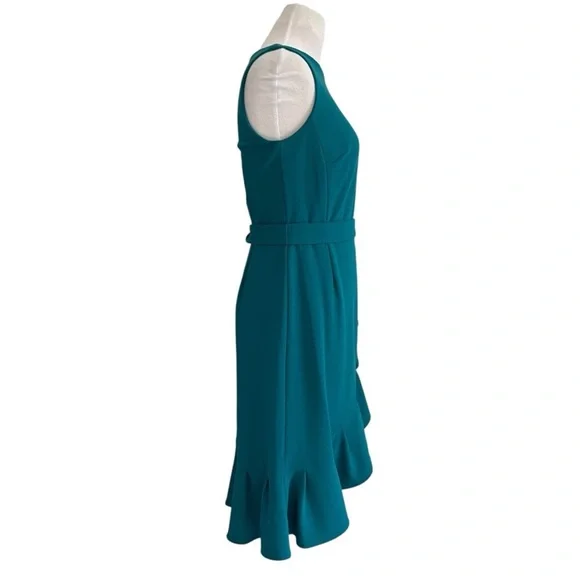 Calvin Klein ruffle sheath dress tie waist flounce hem size 4 teal - Picture 10 of 13